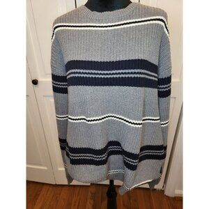 Men Gray/Navy Stripe Chunky Cable Knit Sweater XXL Academia Preppy Nautical